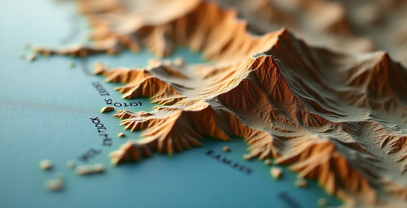 Carte en relief de la Corse montrant les bassins de desserte des ports