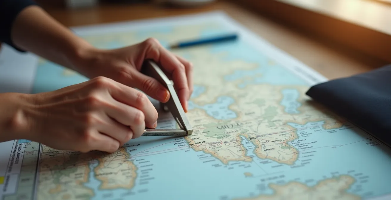 Mains traçant un itinéraire sur une carte marine de la Méditerranée